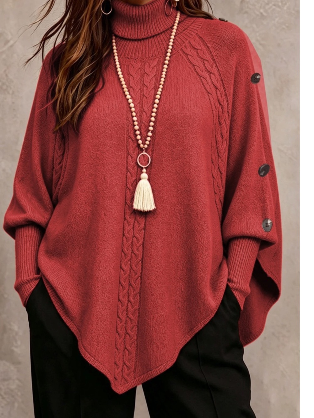Plus Solid Chunky Cable knit Turtleneck Button Detail Poncho Sweater Top